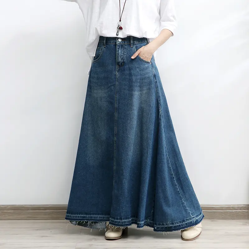 2023 Big Hem M-XXL Long Maxi A linha Saia Mulheres Cintura Elástica Primavera Outono Denim Jeans Vintage Denim Mulheres Saias