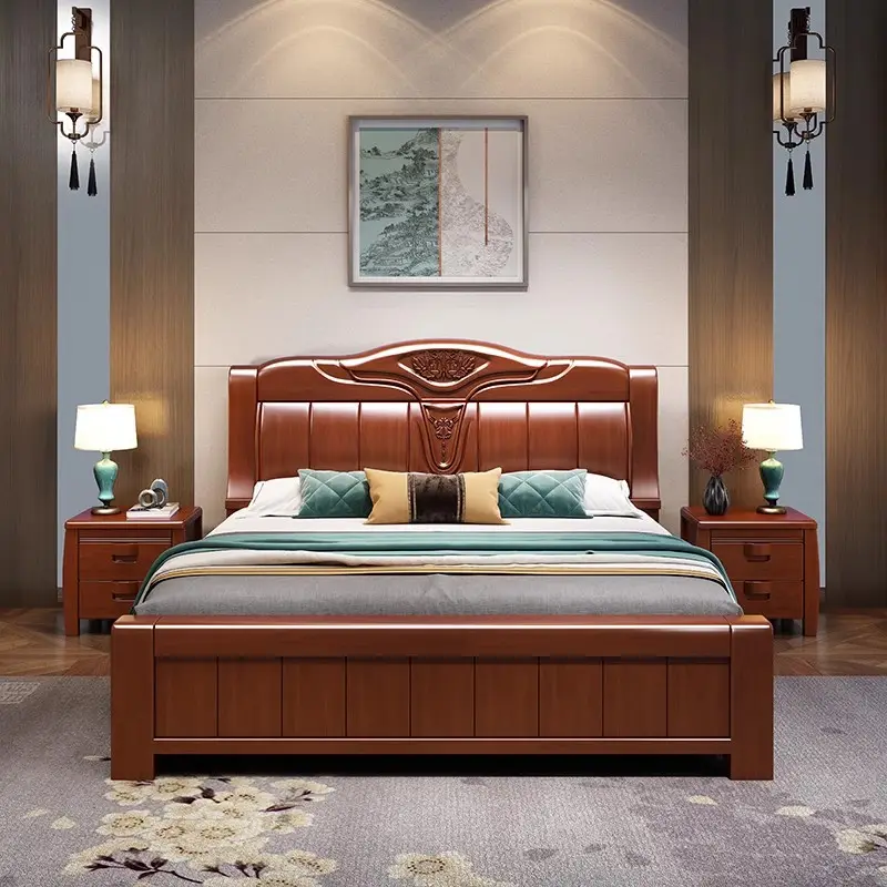 king bed Chinese style double solid wood bed bedroom furniture luxury high box storage wooden beds