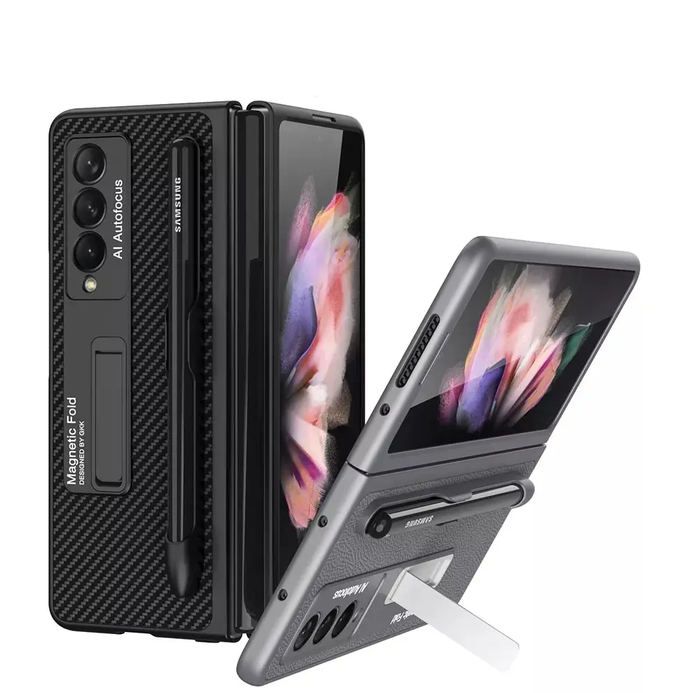 Samsung Galaxy Z kat 4 karbon Fiber kalem yuvası ile manyetik Stand tutucu Z kat 3 koruma deri telefon kapağı