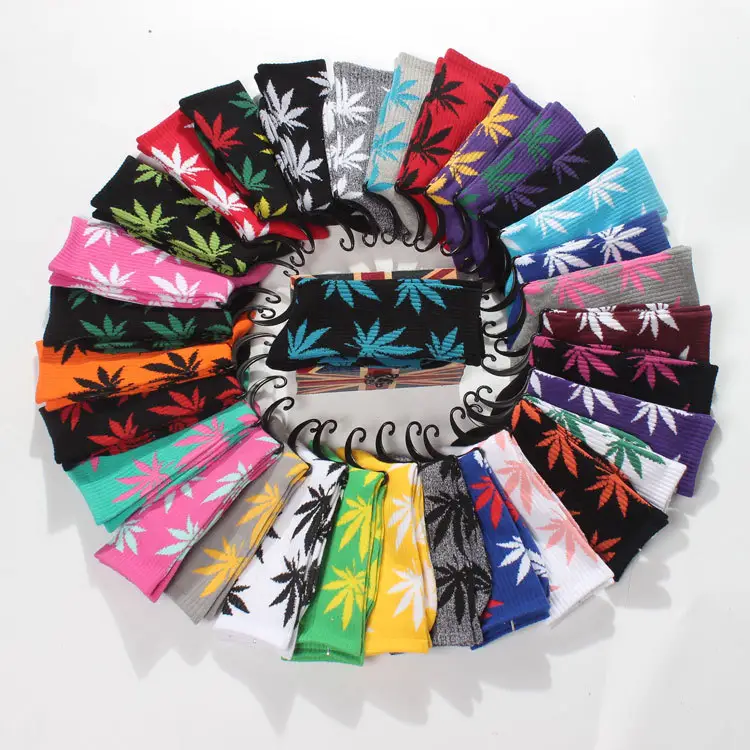 Meias de malha de algodão confortáveis para homens, meias esportivas hip hop com desenho de logotipo personalizado, folhas de rua, com ervas daninhas coloridas