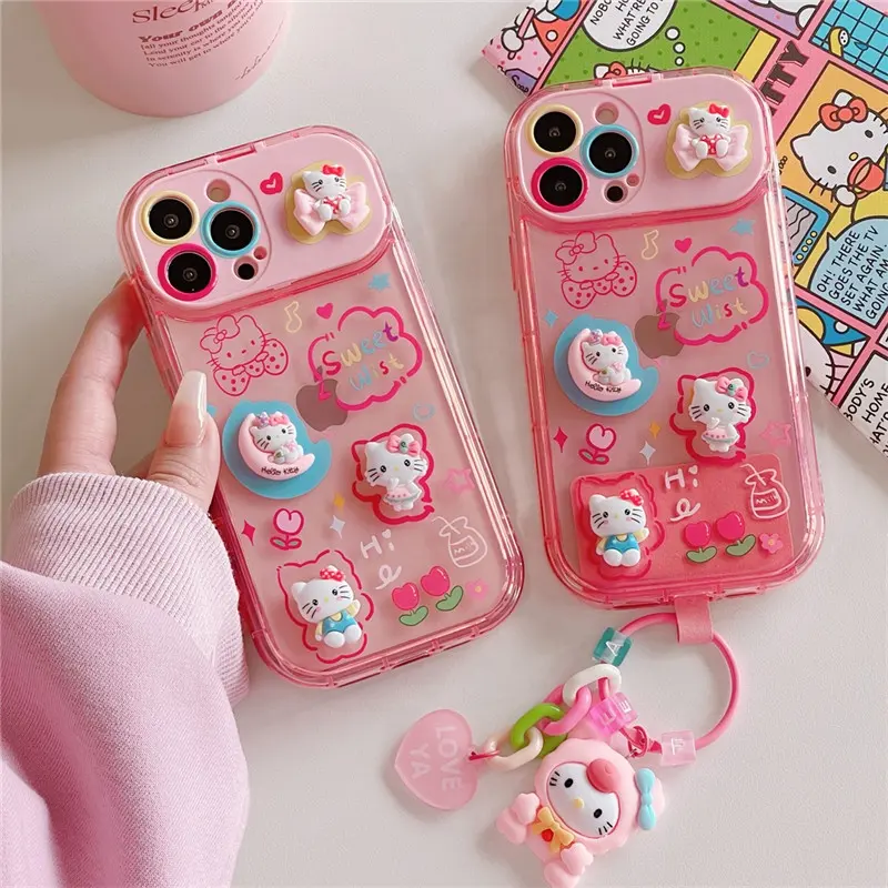 เคสกระจกแต่งหน้าลายการ์ตูนน่ารักสำหรับ iPhone 12 13 14 PRO MAX เครื่องประดับน่ารักๆจี้รูปคิตตี้อุปกรณ์เสริมเคสโทรศัพท์มือถือ