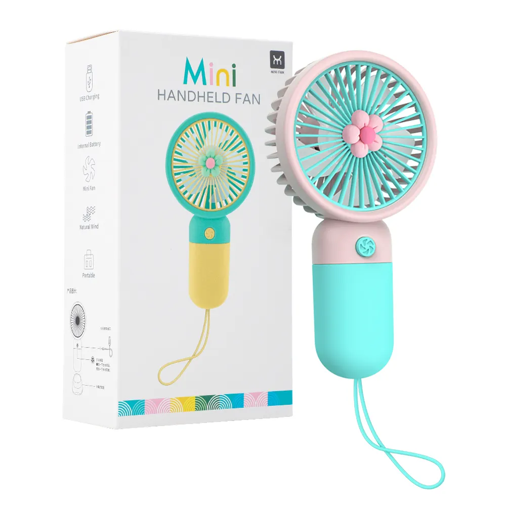 Mini ventilador de bolso para meninas, desenho animado, animais, flores, doces, suporte para coração, usb, recarregável, corda externa, ventilador portátil