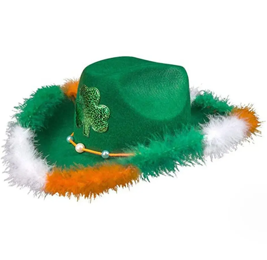 Venta caliente nuevo sombrero de fiesta occidental de plumas irlandesas Día de San Patricio irlandés sombreros de vaquera de plumas verdes sombreros de vaquero de Carnaval