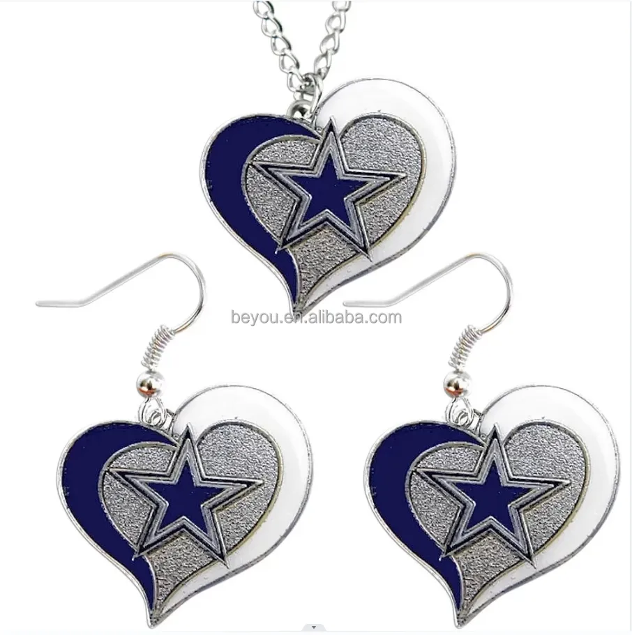 NOVO Dallas COWBOYS NFL Swirl Coração Dangle Brincos Colares Set Jóias