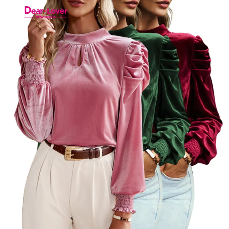 Dear-Lover Fashionable Ladies Fiery Red Mock Neck Puff Sleeve Velvet Blusa Camisas para Mulheres