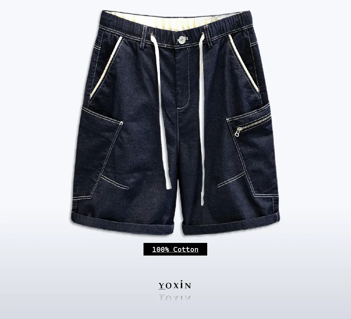 Men's Summer High Street Style Denim Shorts Quarter Pants with Drawstring Closure Mid Waist Anti-Wrinkle Thin & Loose