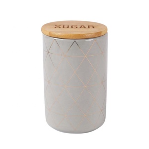 Màu Xám Trắng Hồng Dòng In Xuất Hiện Nắp Gỗ Bánh Quy Cà Phê Trà Thực Phẩm Gốm Lưu Trữ Jar - Product Image 4