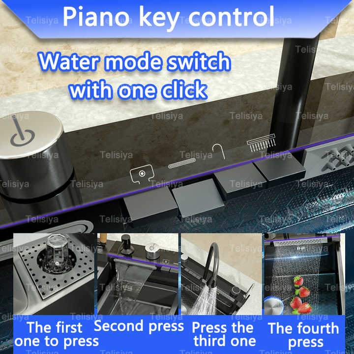 Luxury Black Multifunctional Kitchen Stainless Steel Sink Set with Smart LED Waterfall Tap and Garbage Storage for Hotel Kitchen
