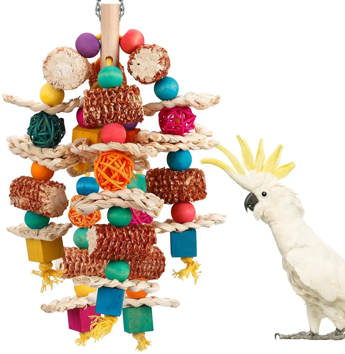 บล็อกไม้ทรงซังข้าวโพดธรรมชาติสีสันสดใสของเล่นแบบแขวนสำหรับนกของเล่นให้นกแก้วเคี้ยว