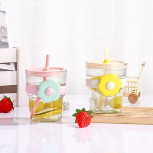 400ml Colorful Flower Glass <strong>Cup</strong> with Lid Straw Pink Blue Purple Yellow for Water Beverages Juice Iced Drinks for Camping Gym