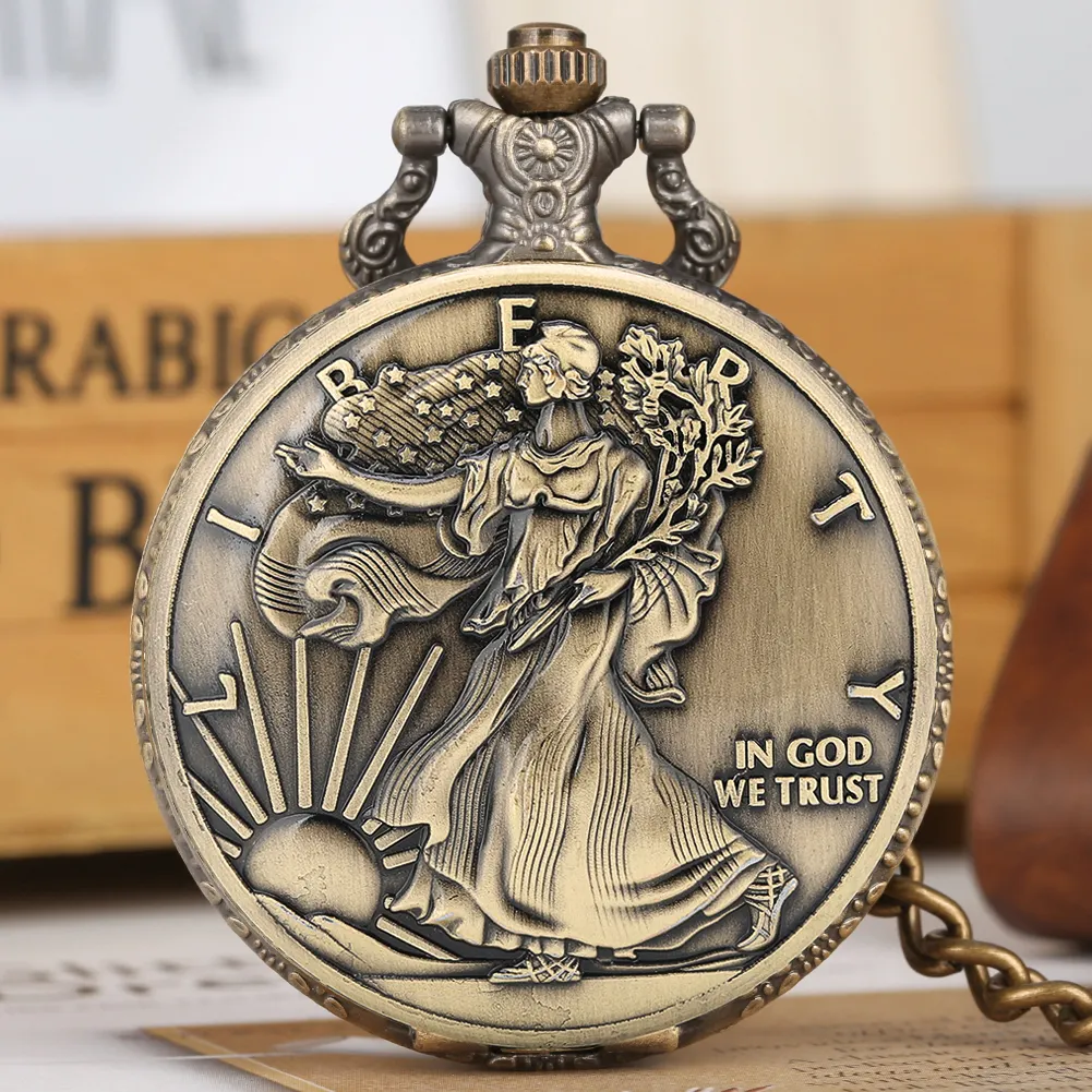 Reloj de bolsillo de cuarzo con cadena para Estatua de la libertad, reloj Retro de bronce Steampunk, precio barato, venta al por mayor
