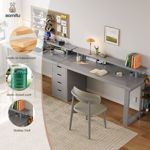 Escritorio de ordenador de doble juego con estantes y cajones, diseño Simple de madera duradero para el hogar, oficina, mesa de estudio moderna para 2 personas - Product Image 4