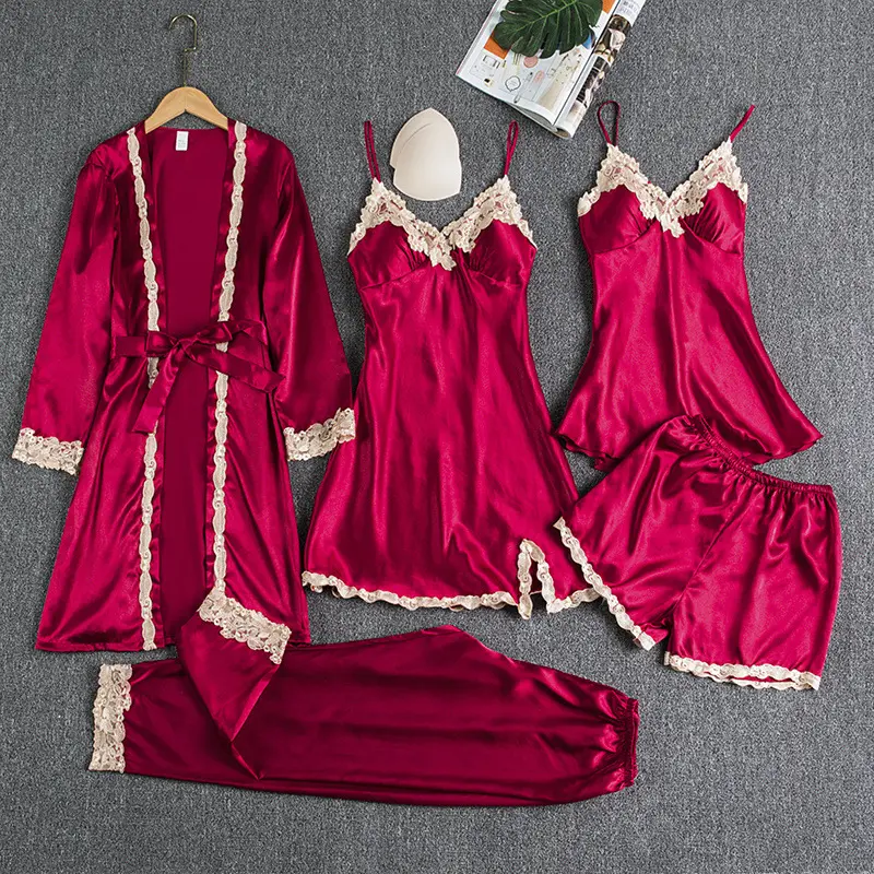 Bloemenprint 5-delige Satijnen Pyjama Set Elegante Nachtkleding En Badjas