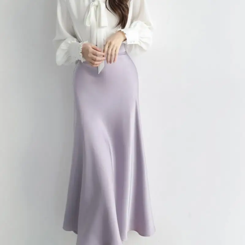 Rok wanita ukuran plus, rok wanita elegan, rok sutra satin, rok Vintage ukuran plus, rok sutra satin Formal panjang, rok wanita elegan, 2023