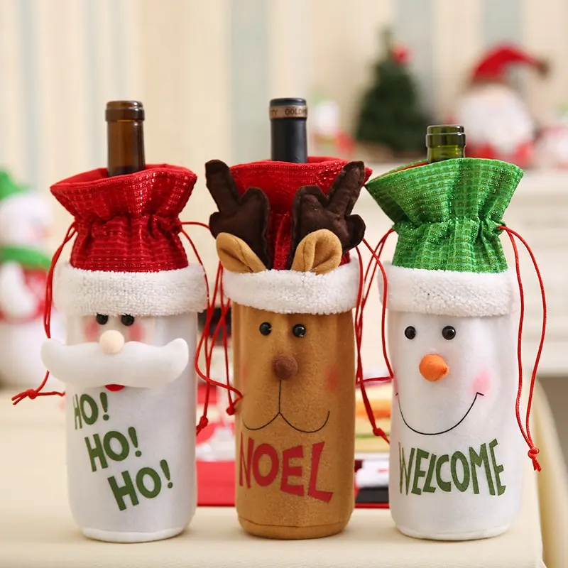 Muñeca de Navidad, juego de vino tinto, dibujos animados, anciano, alce, pantalla de seda, bolsa para botella de vino, bolsillo con cordón, decoración de Navidad, bolsa de vino