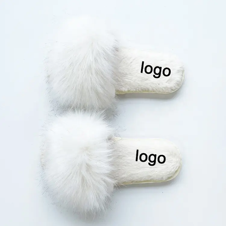 Winter Wholesale Custom logo plush flip-flops faux fur slippers manufacture white slippers for Australia