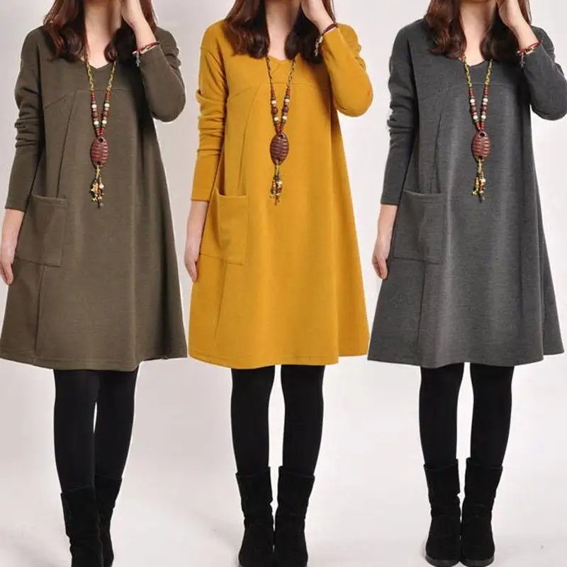 Grande robe pour femmes printemps et automne Version coréenne mi-longue couleur unie grande taille robe ample et mince bas