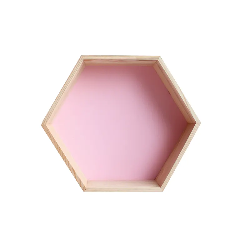 Venta caliente Display Hexagon Designer Wood Honeycomb Ornament Modular Floating Storage Holders Estante de pared