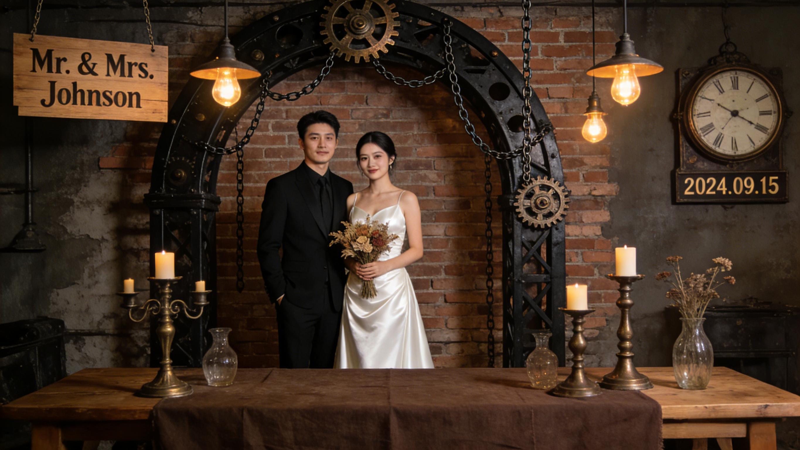 Matrimonio industriale con attrezzatura bordeaux