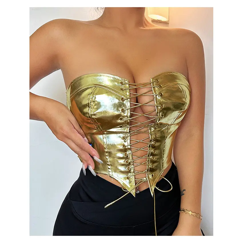 W3496 Sexy Lady brillante oro plata corsé Bustiers mujeres PU cuero corona faja adelgazamiento cintura corte bajo corsé Tops Club camisola