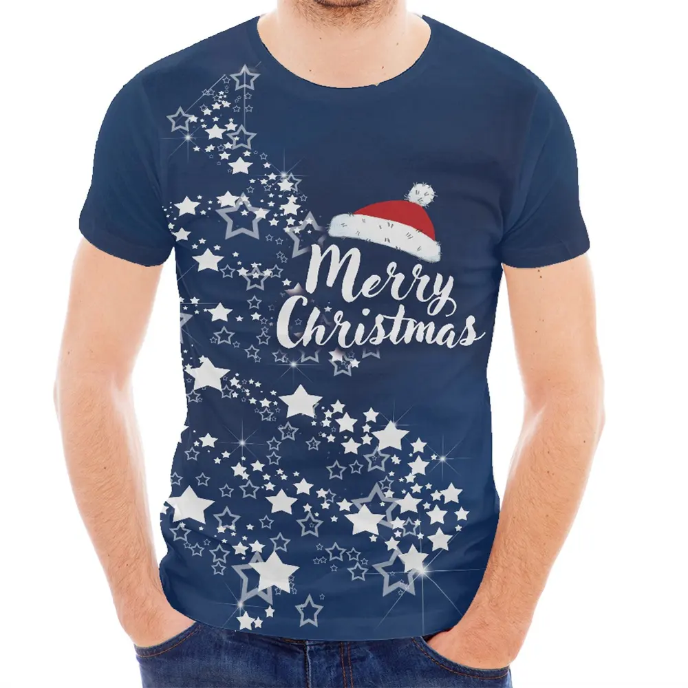 Kaus Kustom Selamat Natal Kaus Uniseks Pakaian Tim Topi Santa Print Vintage T Shirt Grosir Pakaian Keluarga Natal Biru