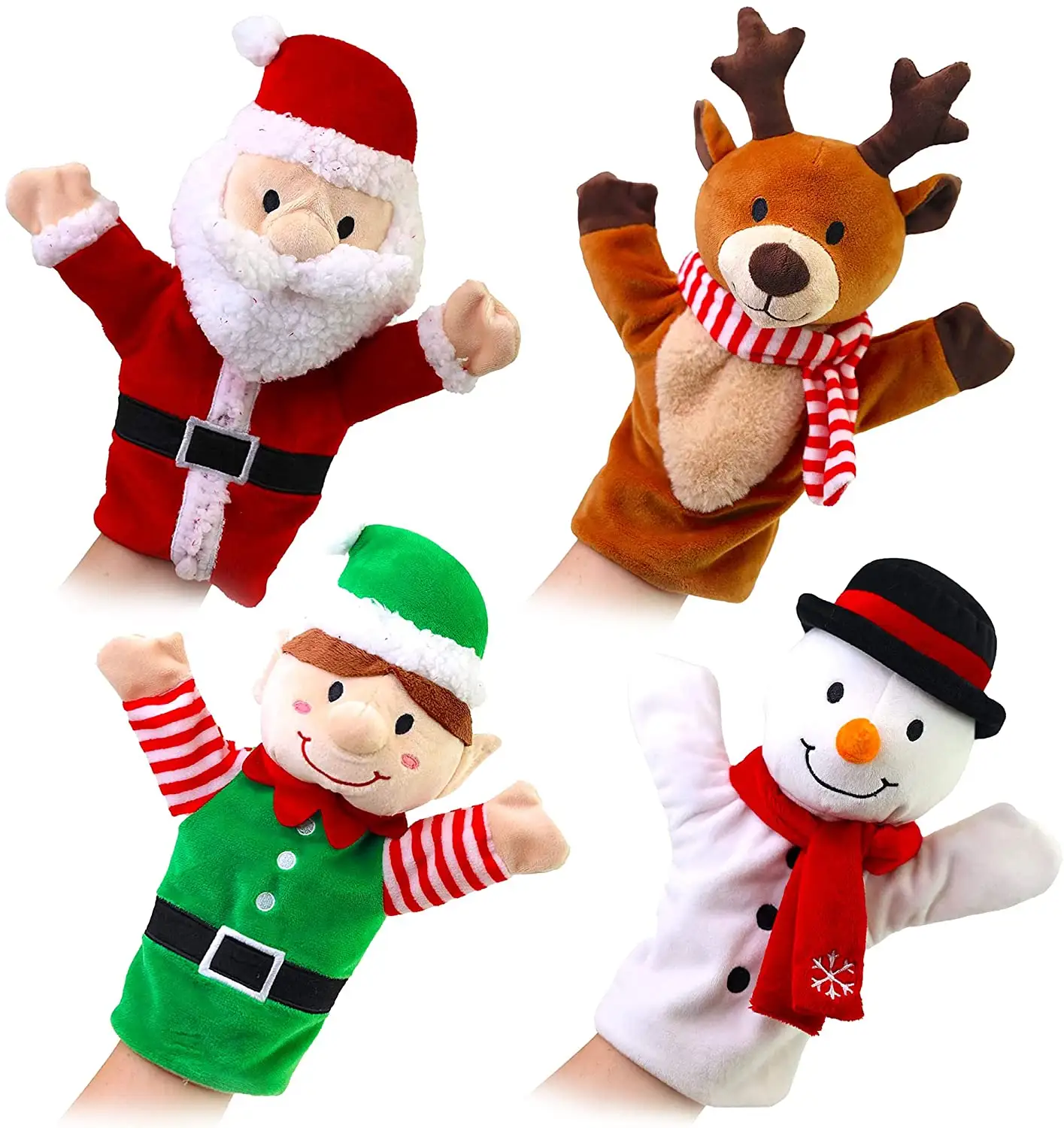 Marionnettes à main de noël personnalisées, ensemble de quatre jouets de vacances en peluche de bonhomme de neige et de renne
