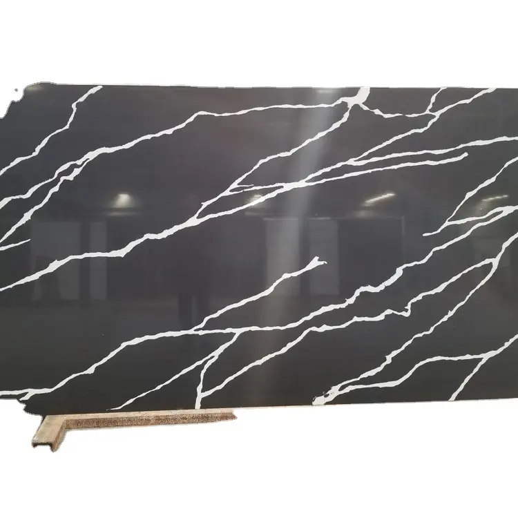 Custom Waterproof Polished Calacatta Black Vein Quartz Stone Surface Grain Artificial Stone Quartz Slab For Kitchen Countertop