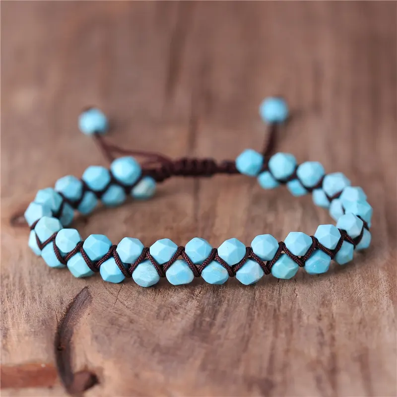 YueTong Haute Qualité 6mm Pierre Naturelle Turquoise Perlée Tressé Bracelets Boho Gemstone Amitié Réglable Bracelet Bijoux