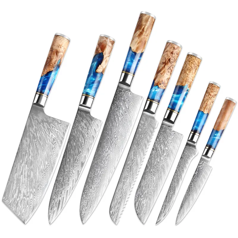 Ensemble de couteaux de cuisine en acier damas 67 couches VG10 couteau de chef japonais en acier inoxydable et manche en résine bleue et boîte-cadeau avec logo personnalisé