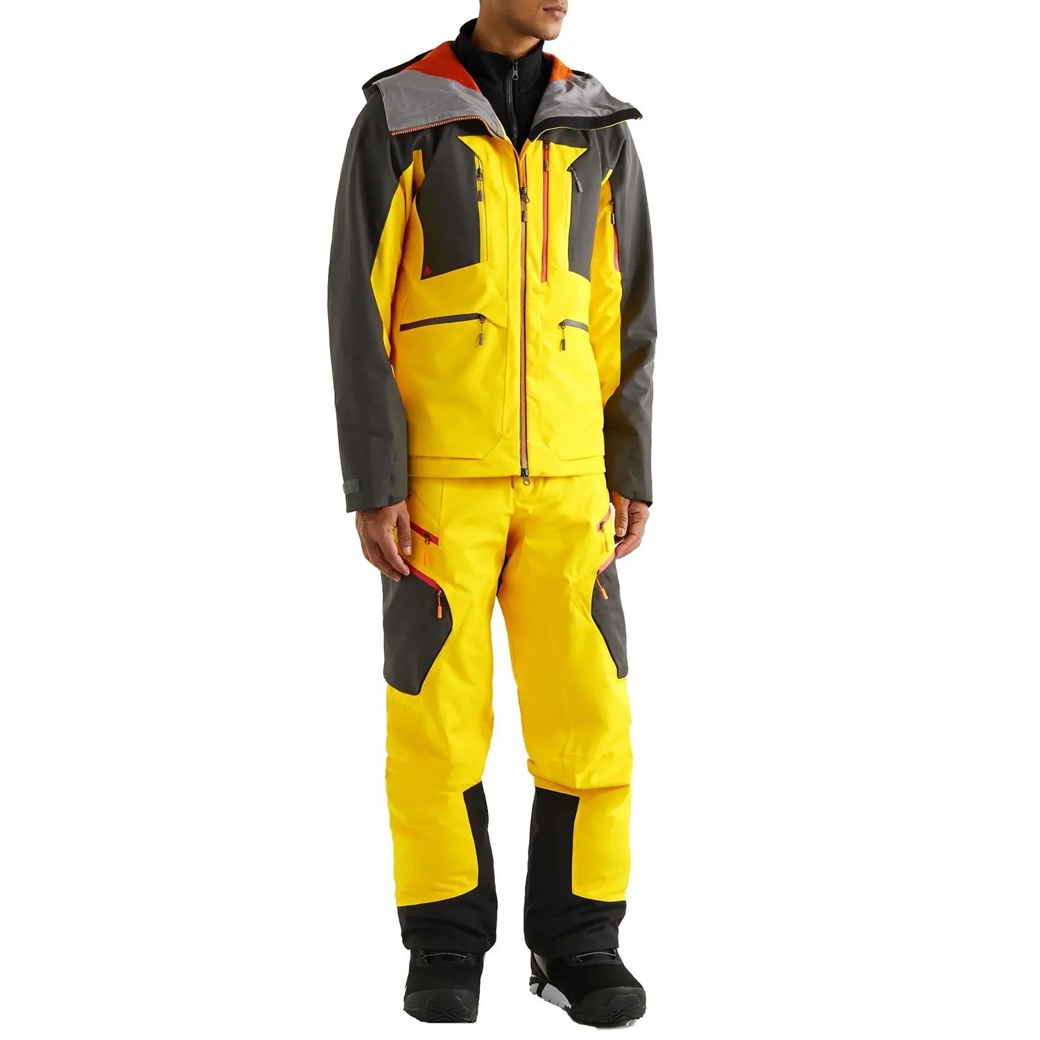 Kunden spezifischer hochwertiger Ski anzug Ski jacke und Skihose mit gelber und schwarzer Schale zum Snowboarden