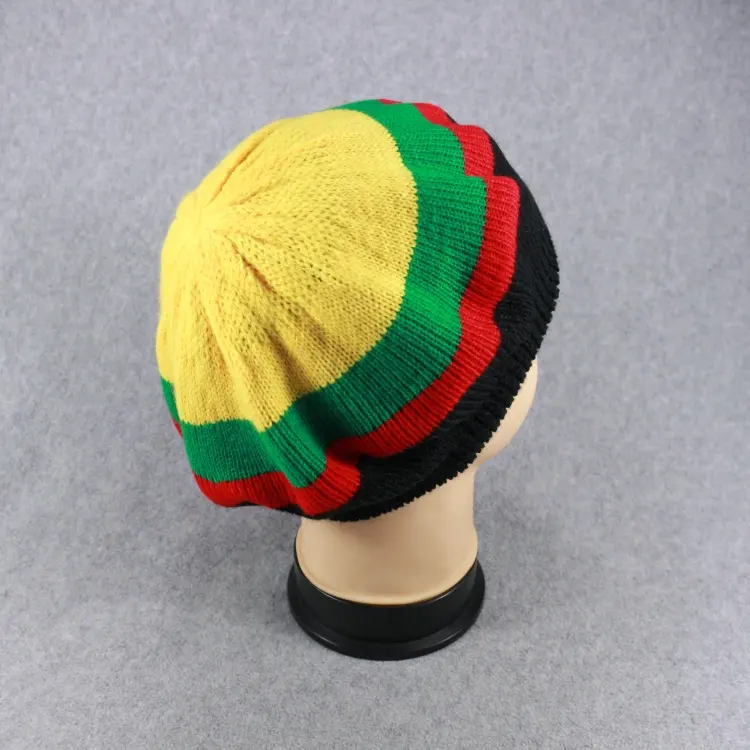 HZM-16304 Classic Multi-Colour Jamaican Rasta Hat Slouchy Baggie Beanie Knit Gorro Reggae Cap