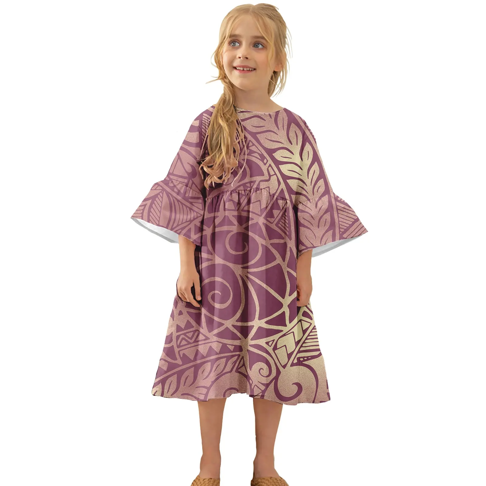 Personalizzato su richiesta manica svasata moda neonata vestito Hawaii Island 4-16 T adorabili abiti da ballo per feste a maniche corte per bambini