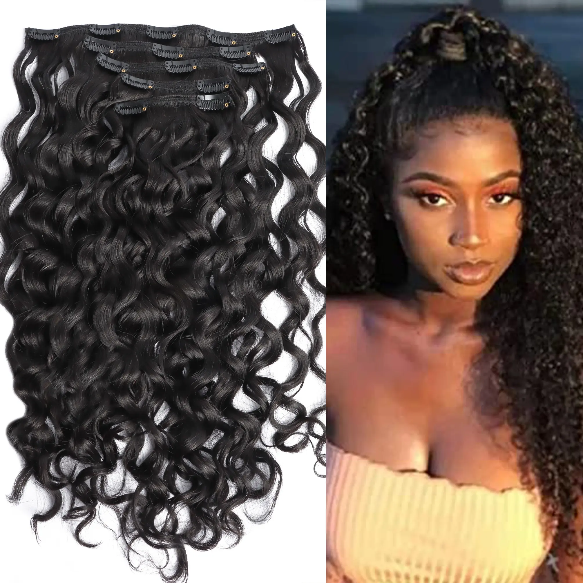 Nuevos productos 2022 agua sin procesar rizado Jerry banda Clip en extensiones de cabello 100 cabello humano natural para mujeres negras