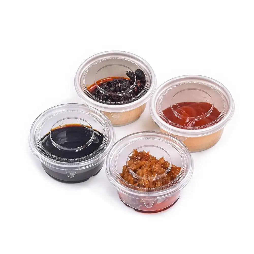 Contenitore di porzioni di cibo con Logo personalizzabile contenitore per alimenti sicuro condimento in plastica Shot salsa da Dessert tazza con coperchio