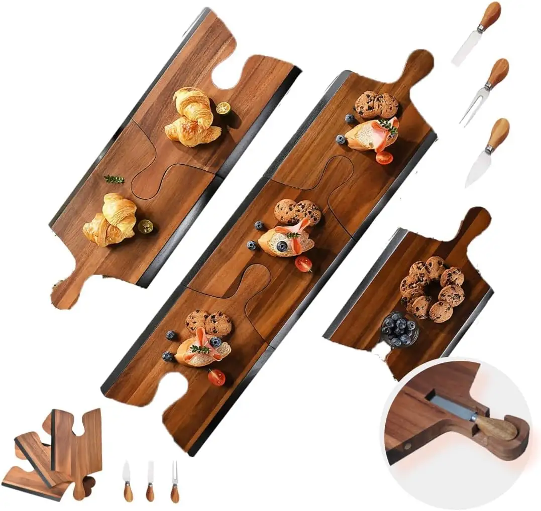 Unique Acacia Cheese Board with Puzzle Handles Knife Charcuterie Board Wooden Cutting Boards