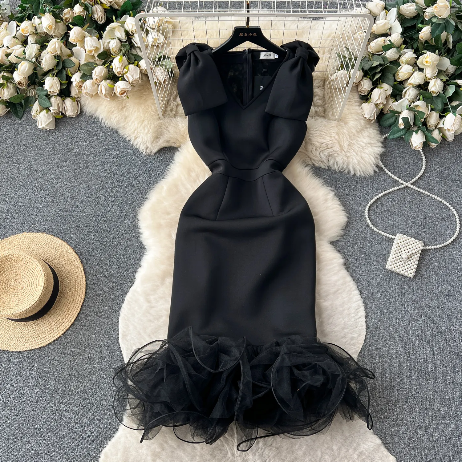 Linda moda yeni v yaka kolsuz yay elbise tasarımcı modeli örgü elbise