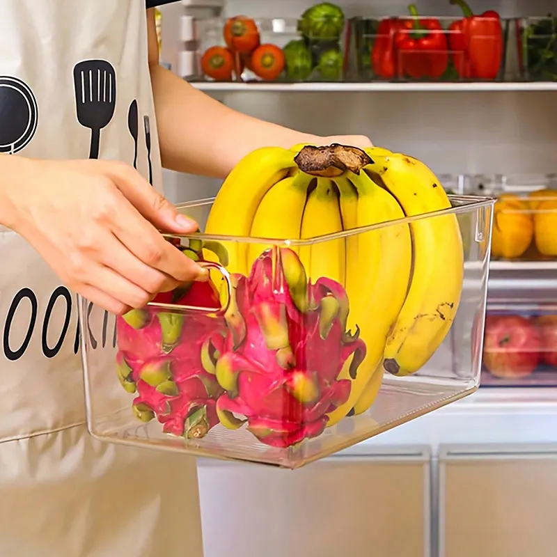 Organizador de geladeira de plástico, prateleiras empilháveis transparentes, recipiente de armazenamento de mesa, caixas de frutas e alimentos para cozinha e geladeira