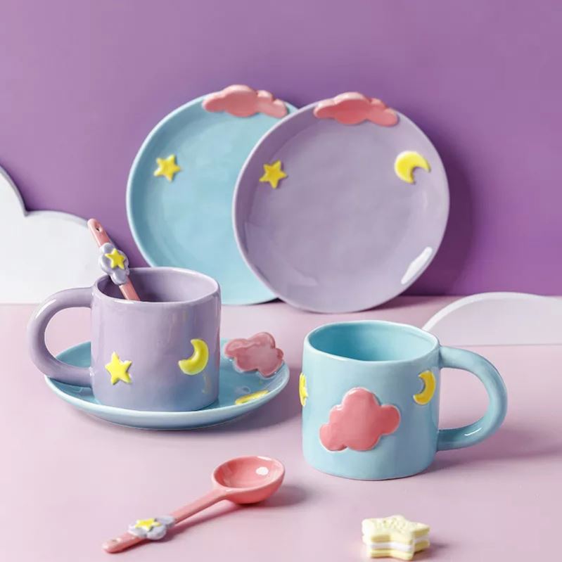 Zogifts sıcak satmak üretici bulut yıldız ay peri masalı sofra seramik kupa kapaklı bardak ve altlık - Product Image 1