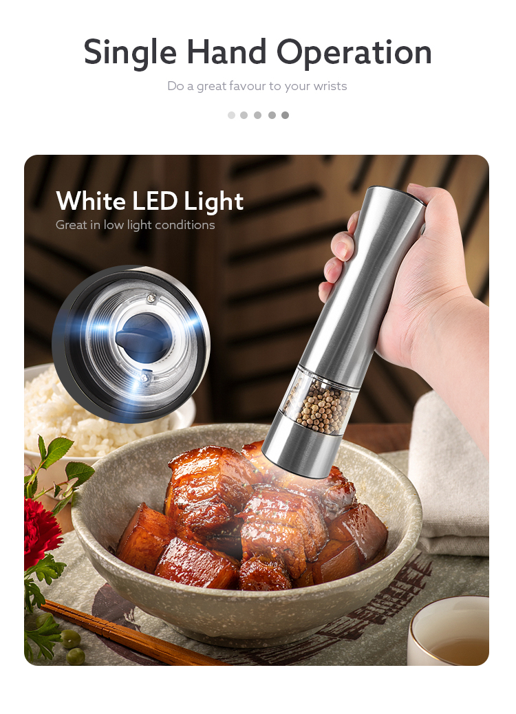 6 AAA batteries operated stainless steel electric pepper grinder salt mill with white LED light and adjuster