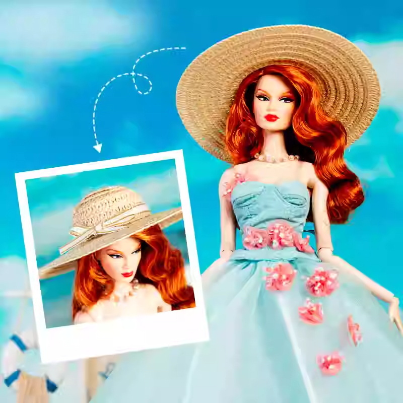 Sombrero de paja de alta costura para muñeca modelo de 30 cm.
