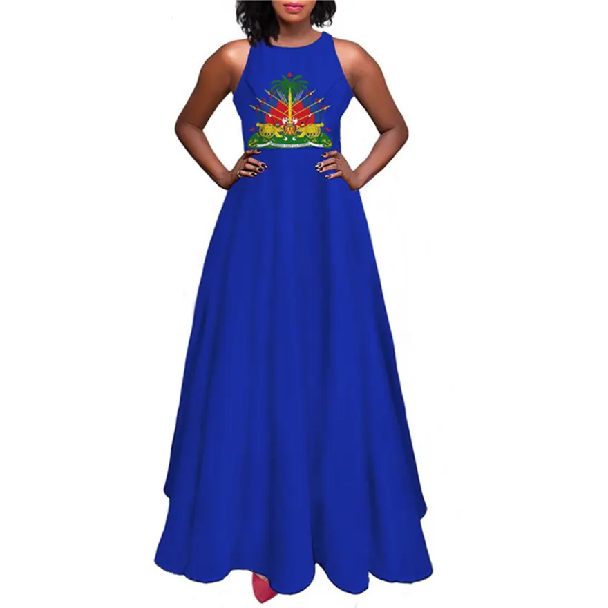 Promotie Haiti Vlag Vrouwen Kleding Goedkope Groothandel Custom Print Logo Maxi Jurk Dames Mouwloze Sexy Feest Club Jurken