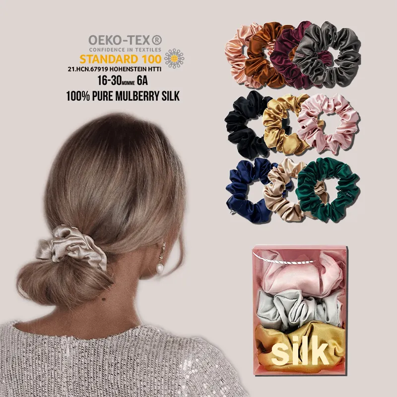 Großhandel 3,5 cm Seide Medium Overs ized Scrunch ies 100% Seide Custom Haarschmuck Set Pink Mulberry Silk Scrunchie