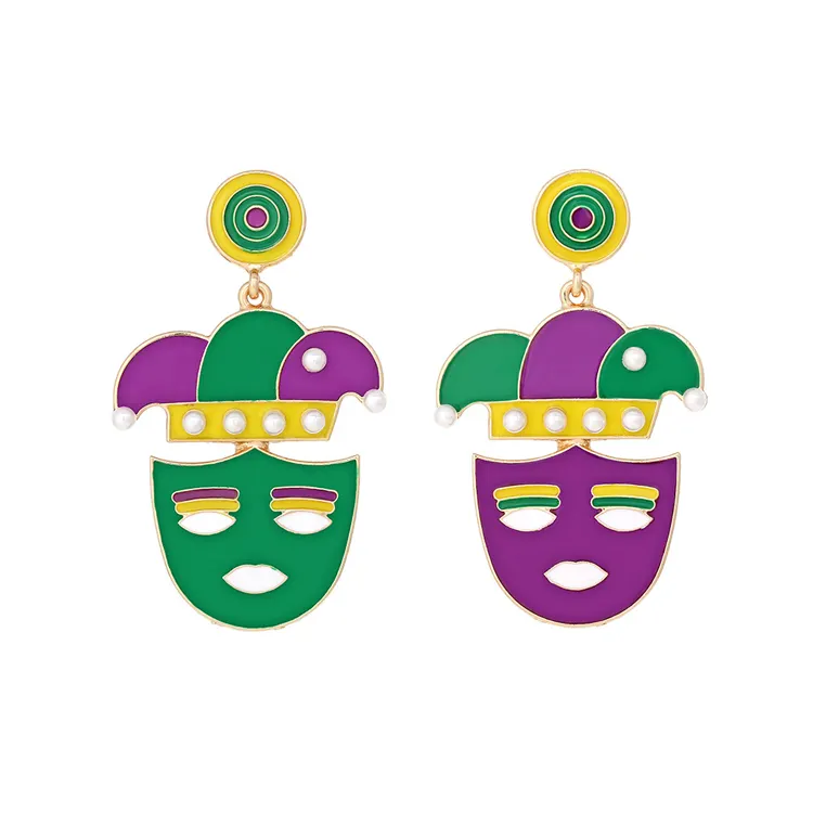 Pendientes colgantes de máscara de sombrero de payaso de aceite de goteo de tres colores para mujer pendientes de Carnaval de perlas de esmalte colorido al por mayor