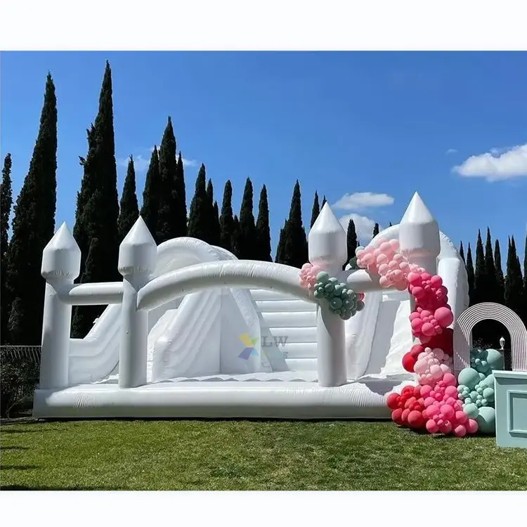 O castelo branco do casamento da casa inflável do salto da grande categoria comercial com dobro desliza o casamento bouncy do castelo para crianças