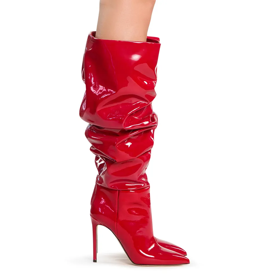 Botas acima do joelho, venda quente da moda para festa, acima dos joelhos, sapatos de couro patenteado vermelho, botas altas de coxa com zíper