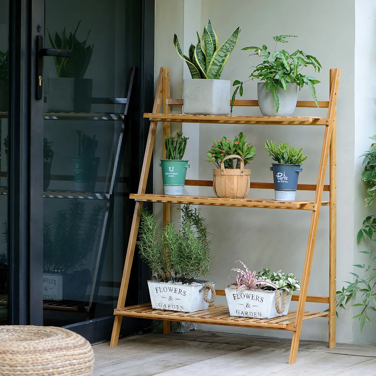 3-4 tiers foldable bamboo flower shelf for plant stand rack organizer display