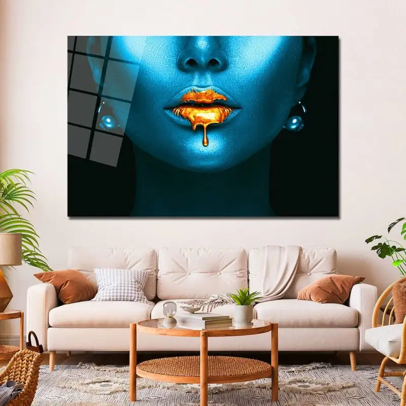 Labios dorados mujer acrílico L póster efecto brillante impresión imagen personalizada pinturas de arte y artes de pared para decoración del hogar