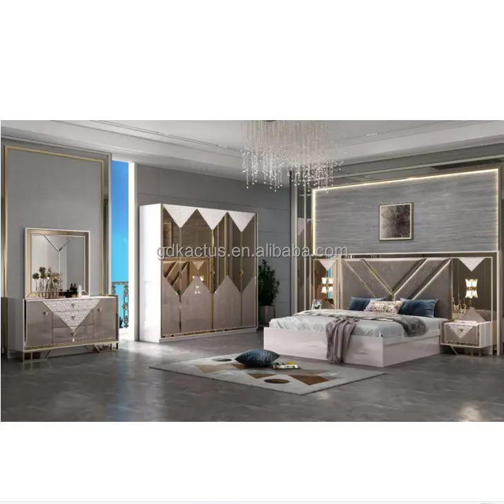2023 Роскошные элегантные наборы для спальни королевского размера элегантные бежевые цвета мебель для спальни с зеркальной подсветкой