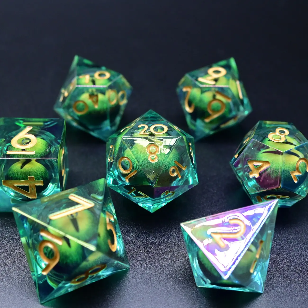 New Arrival Sharp-Edge Polyhedral Plating Green Resin Eyeball Dice Set with Tin Box