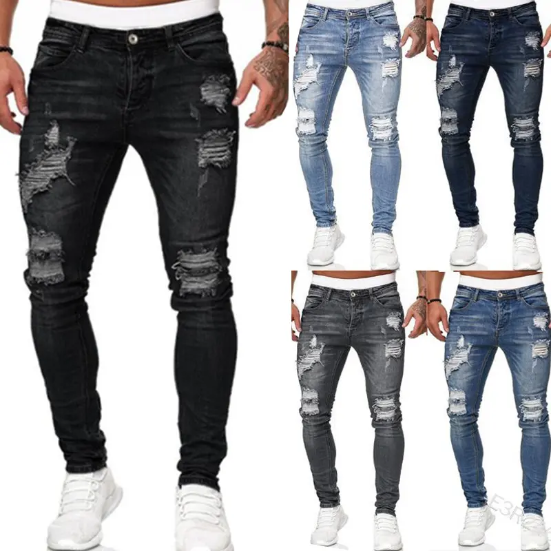 Jean Slim Homme Bleu Stretch Déchiré Jeans Skinny Déchirés Pantalon en Denim à Rayures Latérales